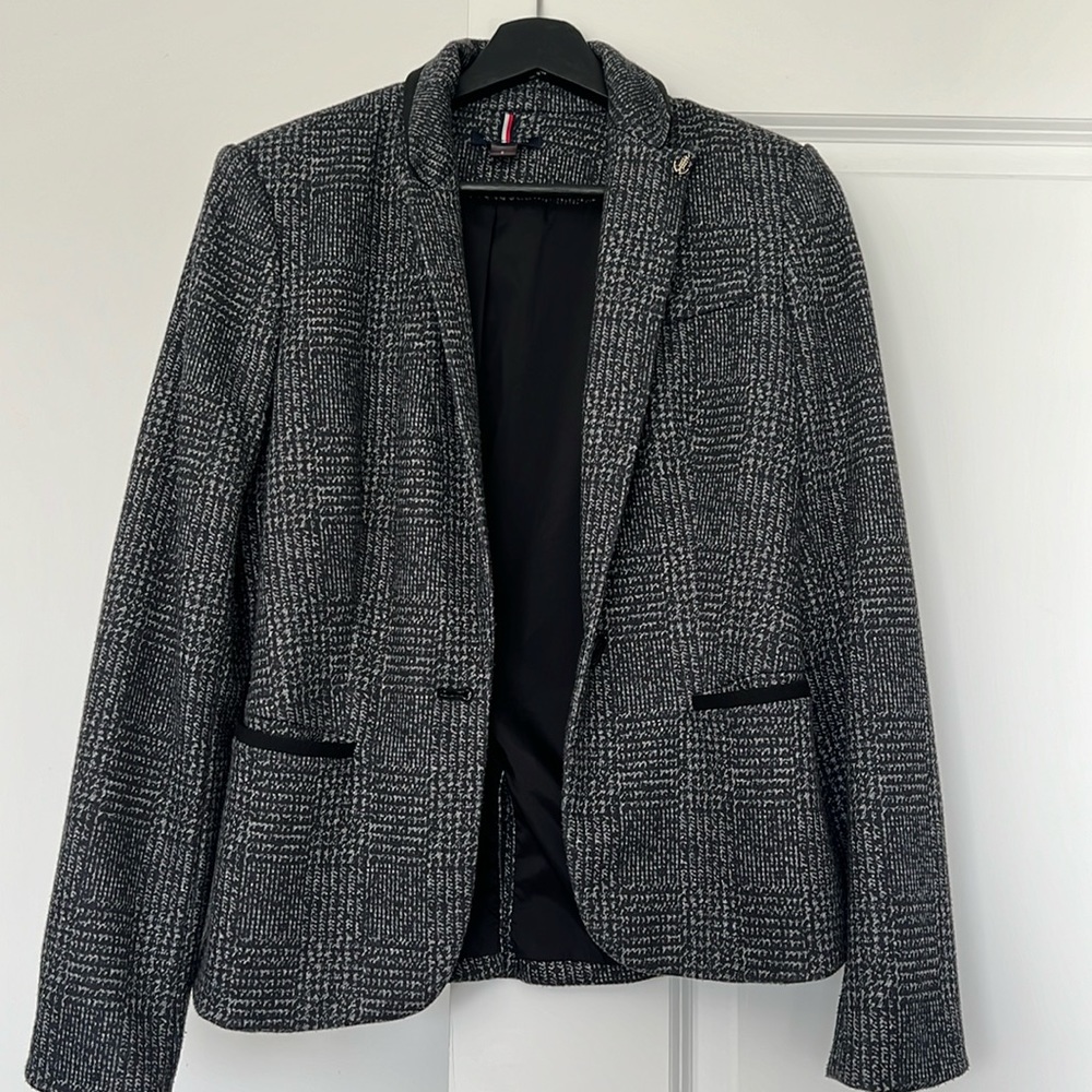 Navy and grey blazer with elbow patches